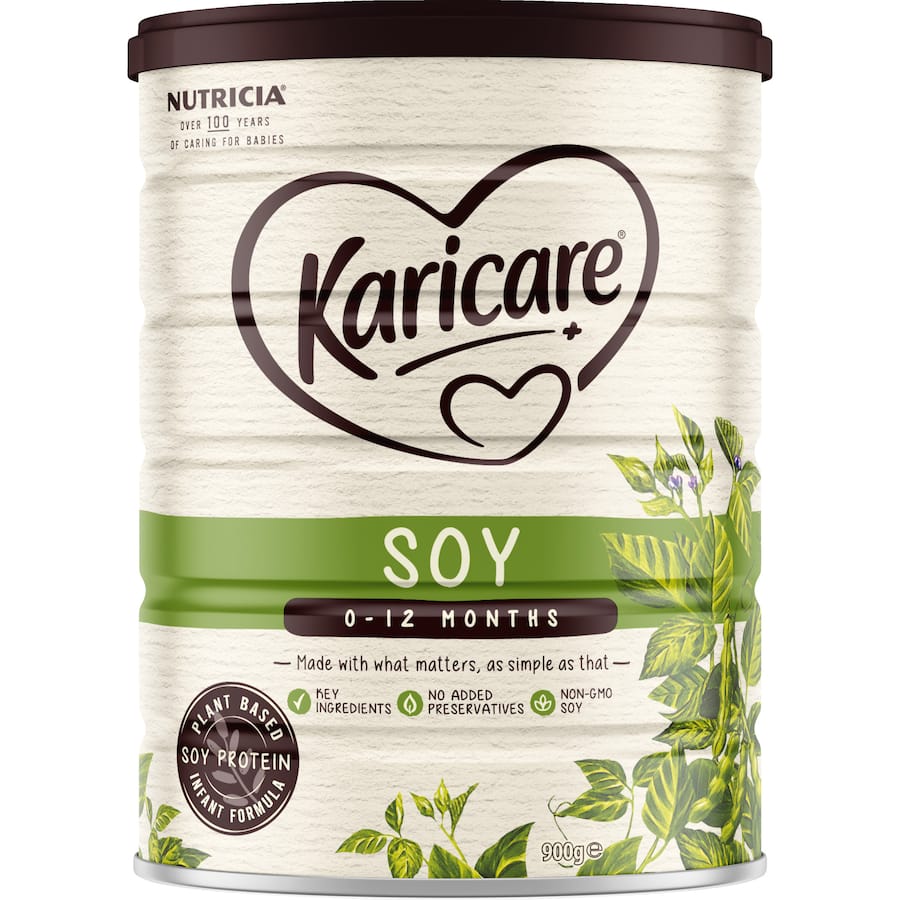 Karicare Soy Baby Infant Formula, dairy-free and plant-based, perfect for infants from birth to 12 months, with recyclable packaging.