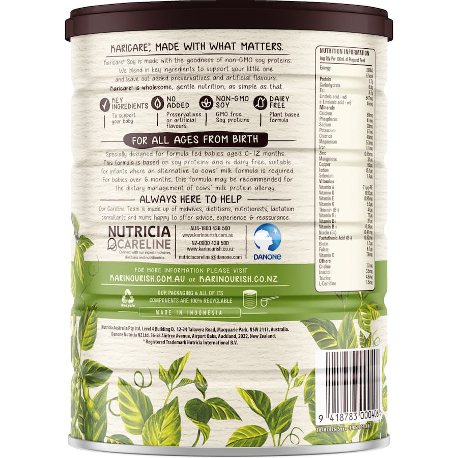 Karicare Soy Baby Infant Formula: dairy-free, non-GMO soy protein, allergen-friendly, 100% recyclable tin for infants up to 12 months.