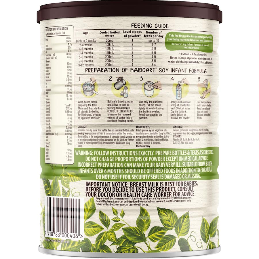Karicare Soy Baby Infant Formula is a dairy-free, non-GMO soy option for infants from birth to 12 months, supporting allergy management.