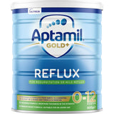 Aptamil Gold+ Reflux infant formula in a 900g tin, designed to reduce regurgitation and support babies up to 12 months.