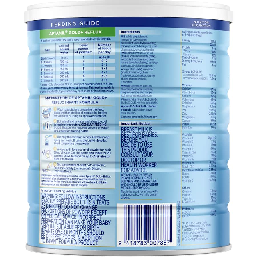 Aptamil Gold+ Reflux infant formula for babies, designed to reduce regurgitation and reflux in infants from birth to 12 months.