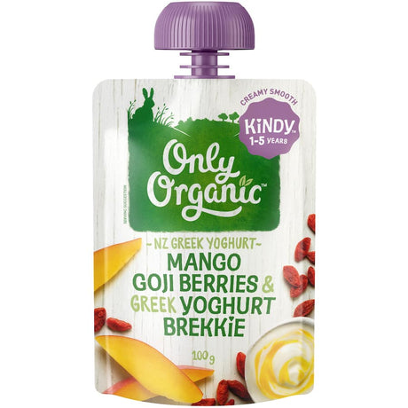 Organic kids meal featuring creamy yoghurt with mango and goji berries, ideal for nutritious breakfasts and snacks.