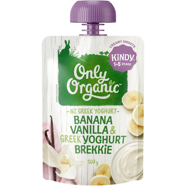 Creamy organic Greek yogurt meal with banana and vanilla, perfect for nutritious snacks or breakfast for kids.