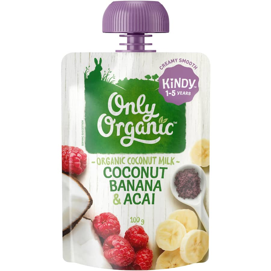 Only Organic Kids Meal smoothie featuring coconut, banana, and acai, ideal for nutritious breakfasts or snacks for kids.