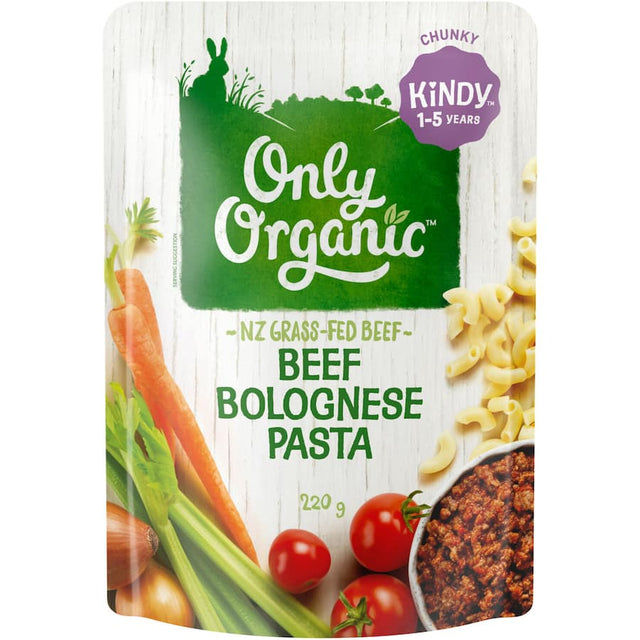 Only Organic Kindy Kids Meal Beef Bolognese Pasta with grass-fed beef, organic pasta, and seasonal vegetables for nutritious fun.