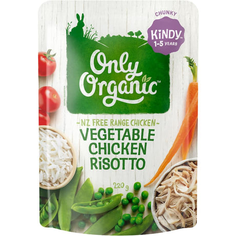 Nutritious organic vegetable chicken risotto for kids, made with free-range chicken and seasonal veggies. Perfect for busy parents.