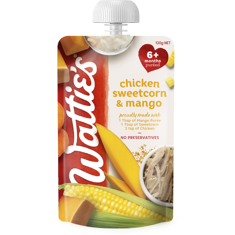 Wattie's Baby Food pouch featuring a blend of chicken, sweetcorn, and mango for babies 6+ months, free from preservatives and additives.