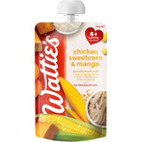 Wattie's Baby Food pouch with chicken, sweetcorn, and mango, designed for babies 6+ months, nutritious and preservative-free.