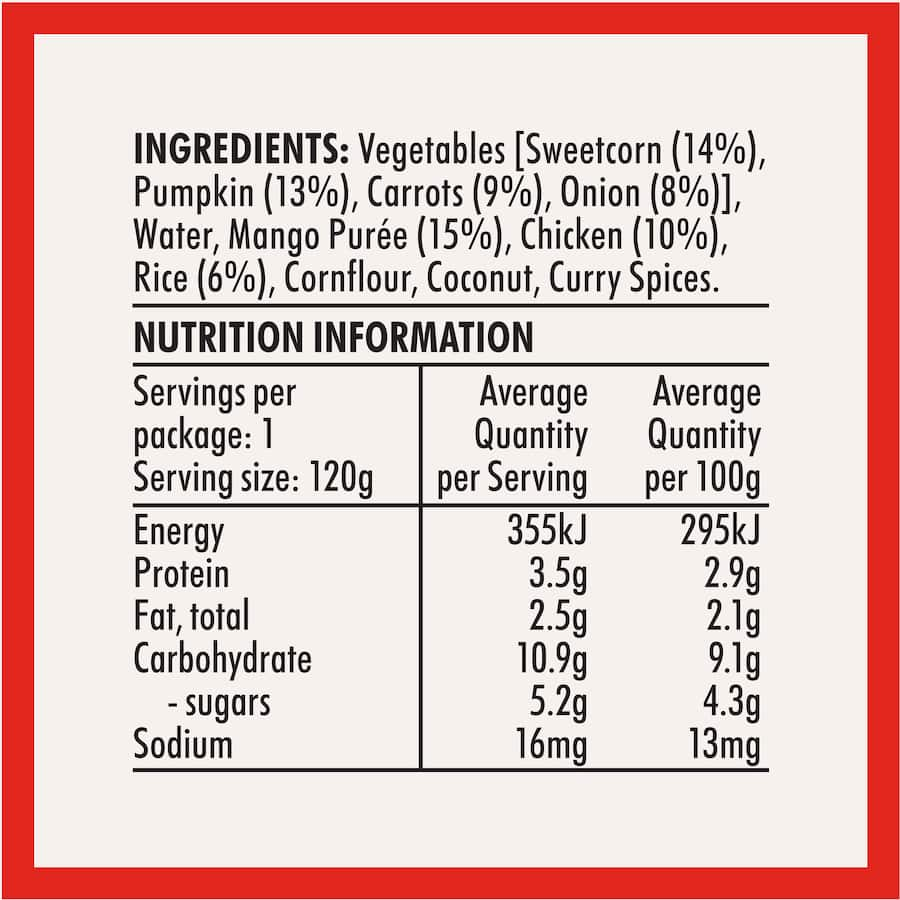 Wattie's Baby Food pouch featuring chicken, sweetcorn, and mango for babies 6+ months, nutritious and preservative-free.