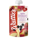 Wattie's Baby Food 6+ Months Apple, Blueberry & Strawberry purée, a smooth, no-preservative blend for introducing flavors to infants.