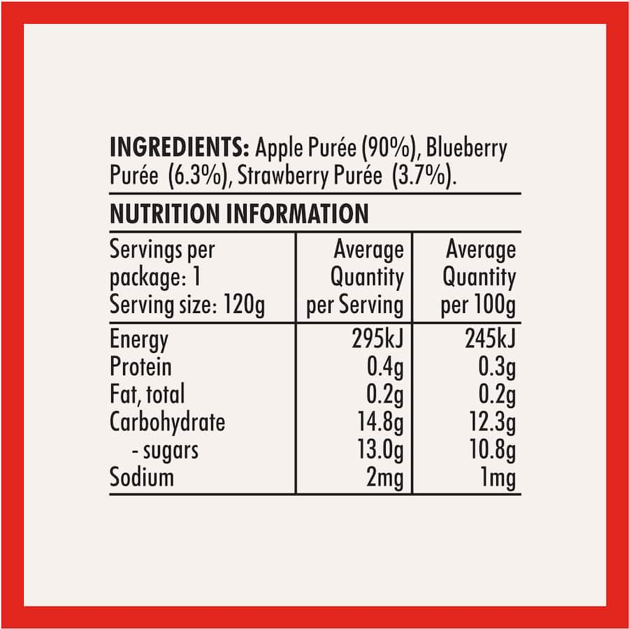 Wattie's baby food purée with apple, blueberry, and strawberry, ideal for babies 6+ months, no added sugars or preservatives.