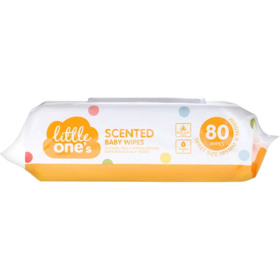 Scented baby wipes for gentle skincare, enriched with aloe vera and vitamin E, safe for sensitive skin, 80 wipes per pack.