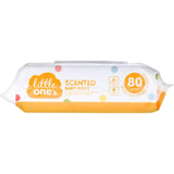 Scented baby wipes for gentle skincare, enriched with aloe vera and vitamin E, safe for sensitive skin, 80 wipes per pack.