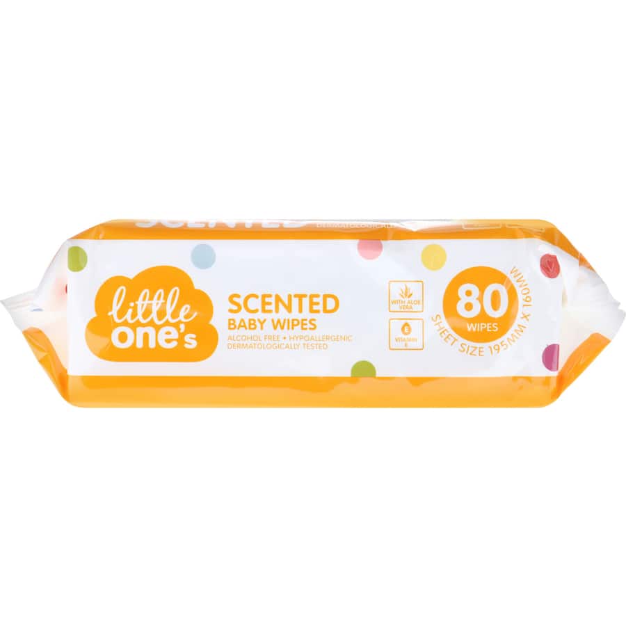 Scented baby wipes for gentle care, enriched with aloe vera and vitamin E, hypoallergenic, ideal for sensitive skin.