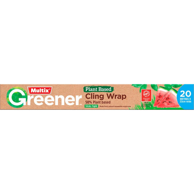 Eco-friendly Multix Greener Cling Wrap made from plants, ideal for fresh food storage and sustainable kitchen practices.