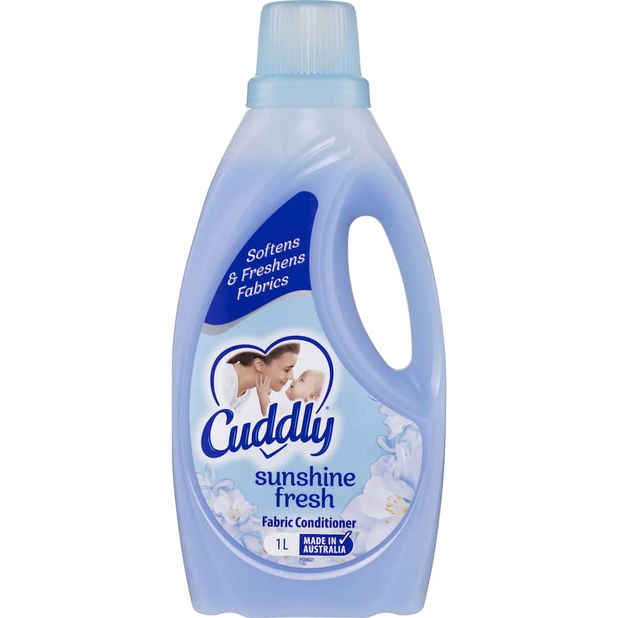 Cuddly Fabric Softener Conditioner in a 1L bottle, offering luxurious softness and a refreshing summer fragrance for vibrant laundry.