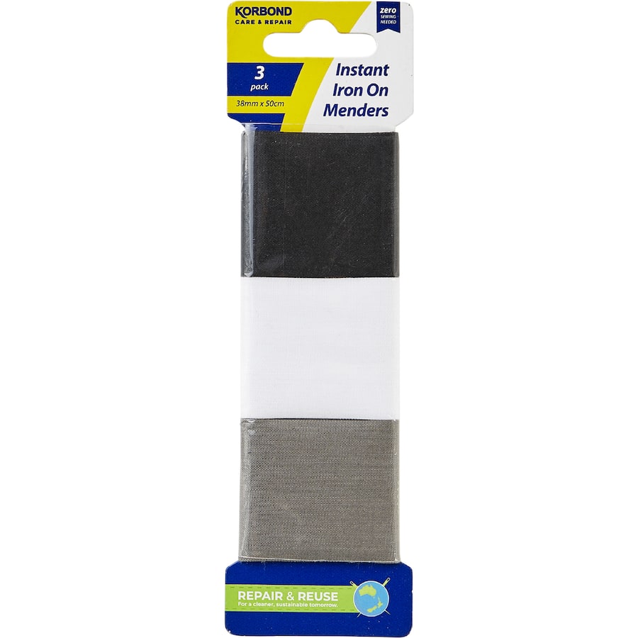 Korbond Iron On Mender: versatile fabric adhesive for seamless repairs on all fabric types without sewing.