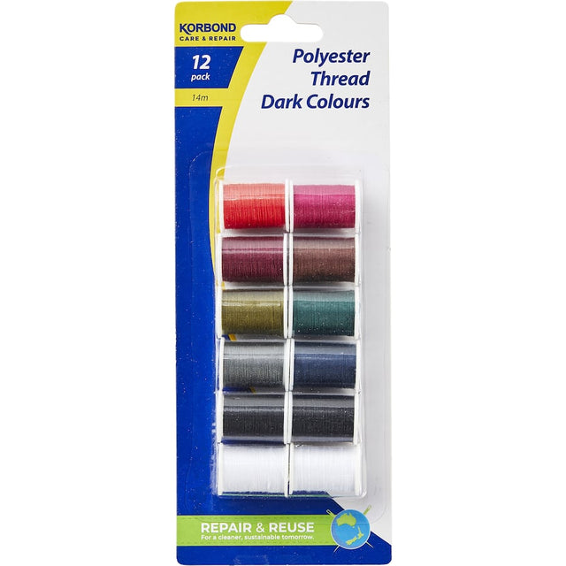 Korbond dark polyester sewing thread assortment, featuring durable spools in rich colors for versatile crafting and mending.