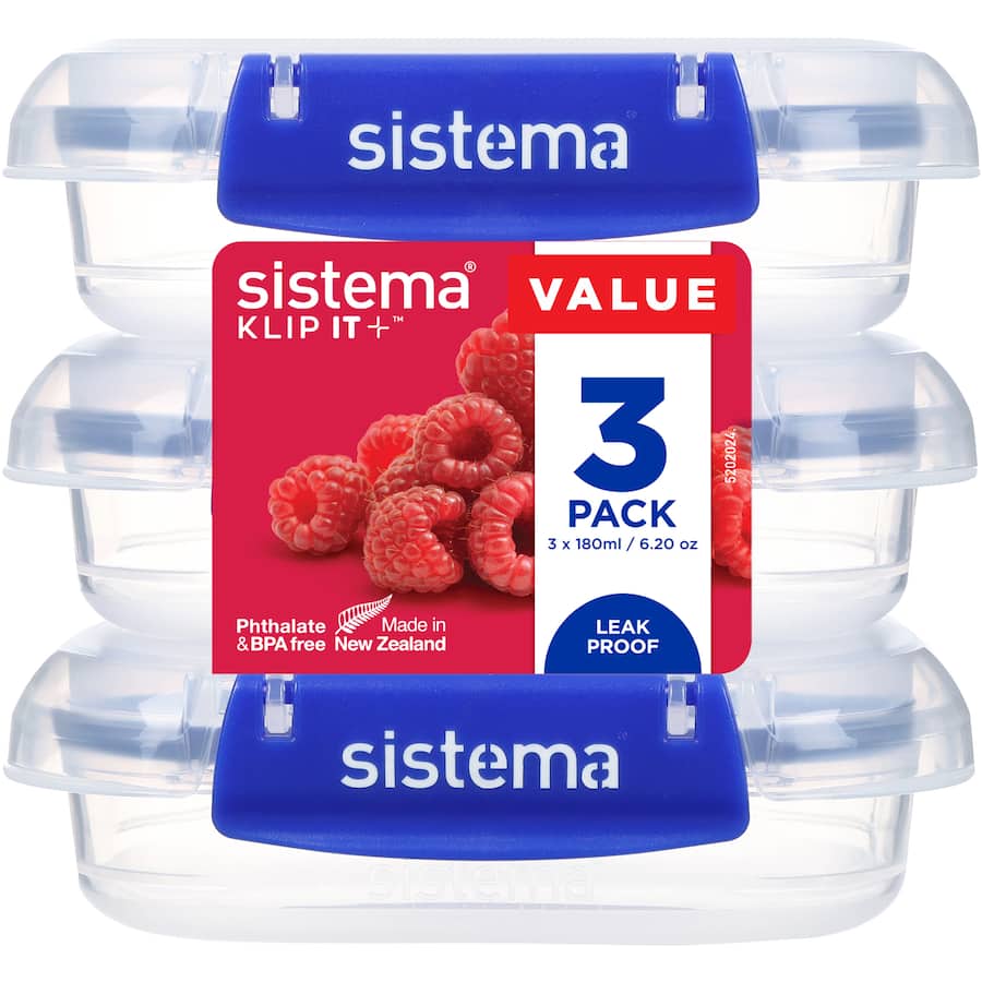 Sistema Klip It Plus 180ml containers, stackable, microwave and dishwasher safe; ideal for organizing food and meal prep.