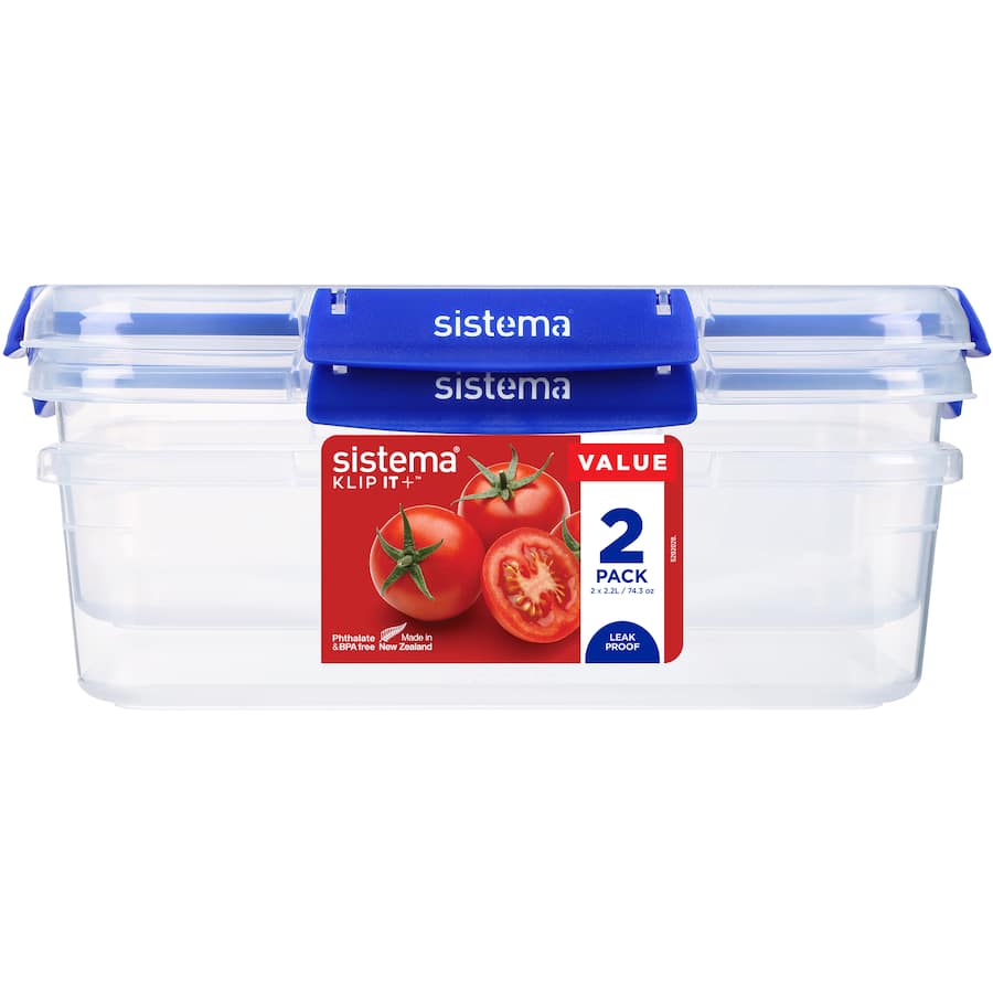 Sistema Klip It Plus 2.2L containers, designed for freshness, leak-proof, stackable, and BPA-free for efficient storage.