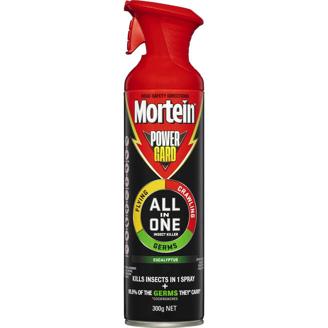 Mortein Powerguard spray bottle for effective pest control, kills insects and 99.9% of germs with eucalyptus scent.