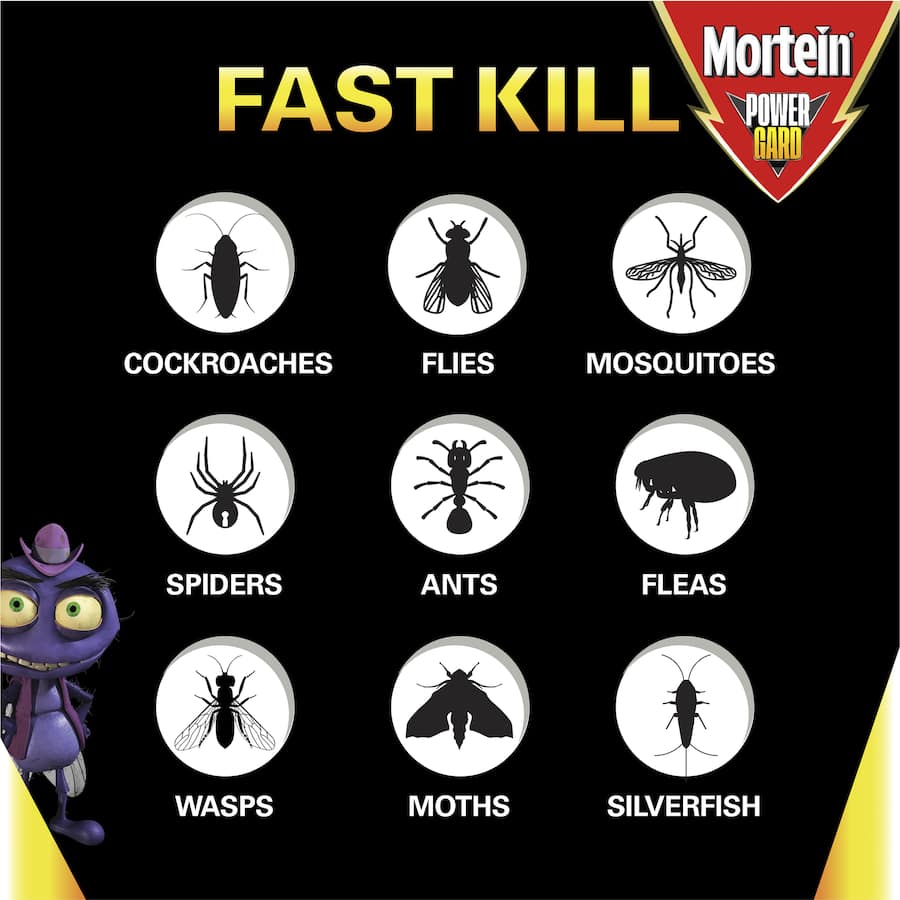 Mortein Powerguard spray with eucalyptus scent eliminates pests and 99.9% of germs in one efficient spray.