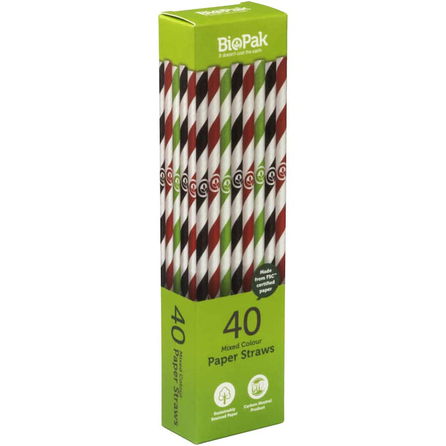 Colorful, biodegradable paper straws, 7.75 inches long, eco-friendly and stylish for any beverage occasion.