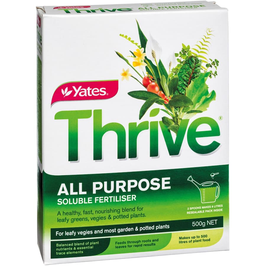 Yates Thrive All Purpose Soluble Fertiliser in a resealable pack, ideal for nurturing diverse indoor and outdoor plants.