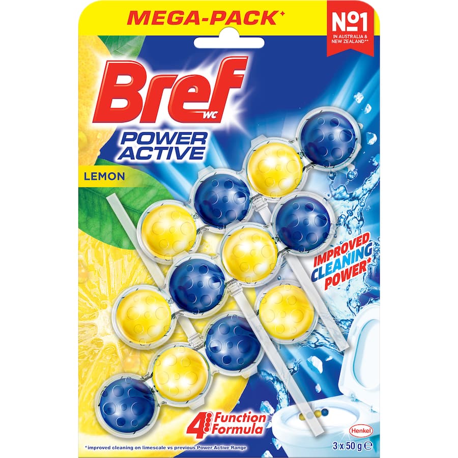 Bright yellow toilet rim block with juicy lemon scent, enhancing freshness and hygiene with every flush.