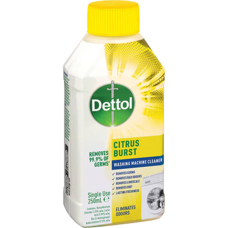 Dettol Antibacterial Washing Machine Cleaner in Citrus Burst scent, removing 99.9% of germs for hygienically fresh laundry.