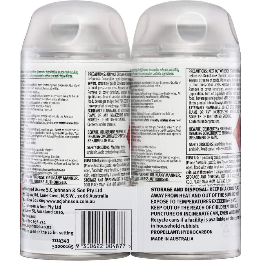 Automatic insect spray refill featuring natural pyrethrins, continuous 12/24-hour protection for various pests.