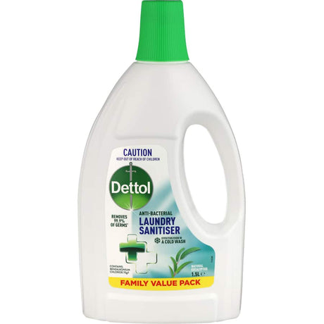 Dettol Antibacterial Laundry Sanitiser with Eucalyptus eliminates 99.9% of germs, ensuring fresh, hygienic laundry.