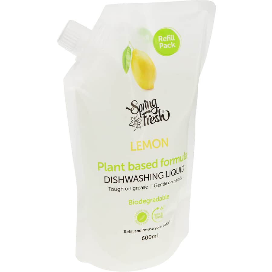 Spring Fresh Dishwash Liquid Lemon's eco-friendly formula effectively cleans while offering a refreshing lemon scent.