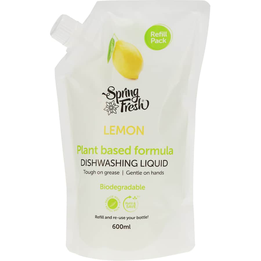 Spring Fresh Dishwash Liquid Lemon: eco-friendly, plant-based cleaner for tough grease with refreshing lemon scent, 100% NZ owned.