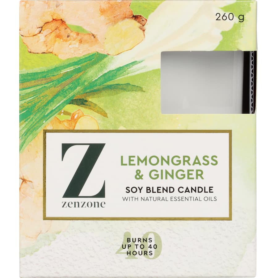 Zenzone Scented Candle in Lemongrass & Ginger, eco-friendly soy wax for a refreshing, uplifting ambiance.