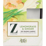 Zenzone Scented Candle in Lemongrass & Ginger, eco-friendly soy wax for a refreshing, uplifting ambiance.