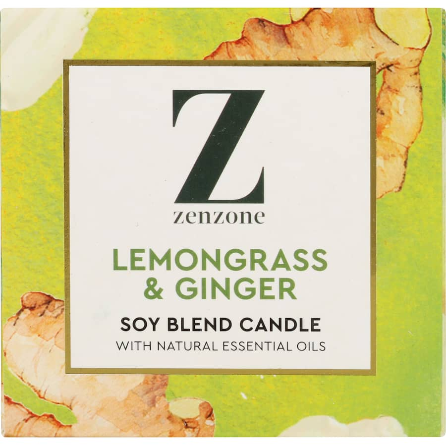 Zenzone Lemongrass & Ginger scented candle, featuring eco-friendly soy wax for a refreshing, uplifting aroma.