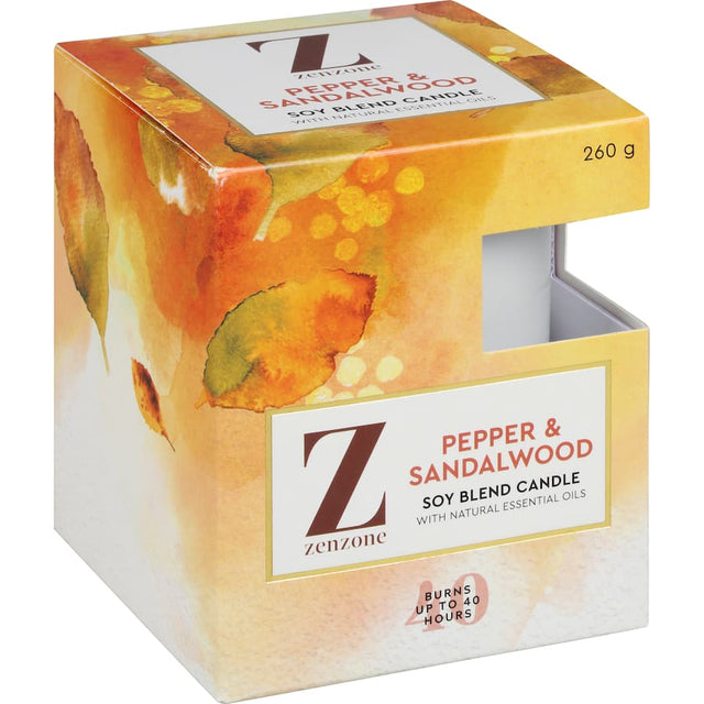 Zenzone Scented Candle in Pepper & Sandalwood for a relaxing, aromatic experience in any room.