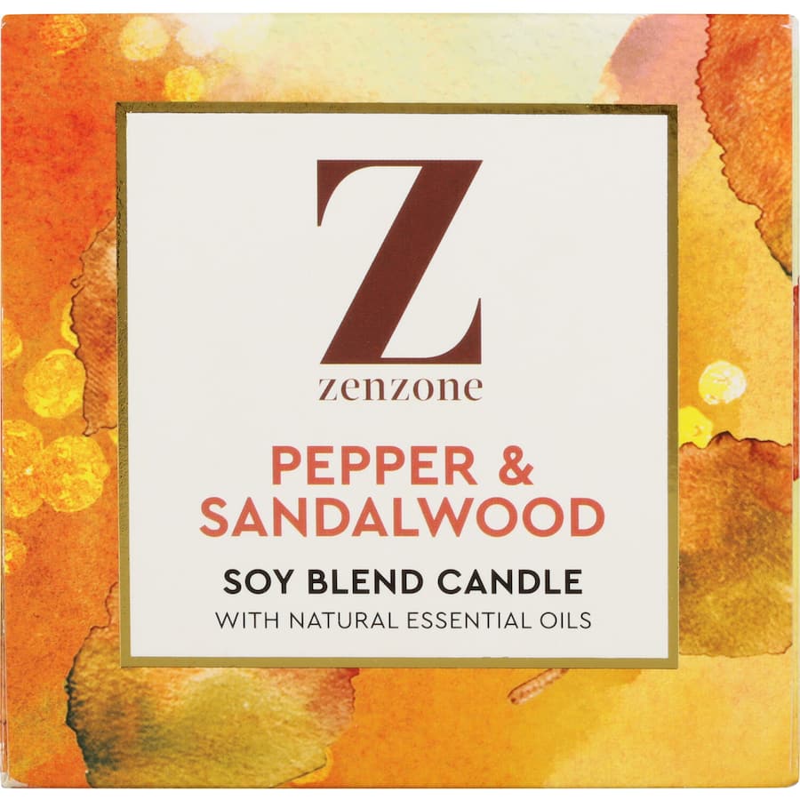 Zenzone Scented Candle in Pepper & Sandalwood, featuring a warm, spicy aroma for relaxation and ambiance enhancement.