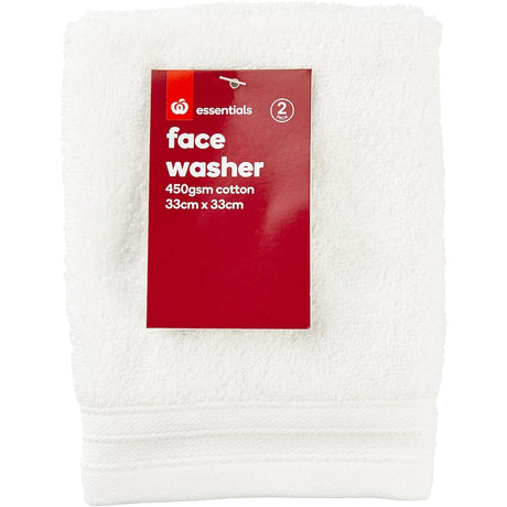 Luxurious 100% cotton face washers, 33cm x 33cm, soft and absorbent, available in white and charcoal, perfect for skincare.