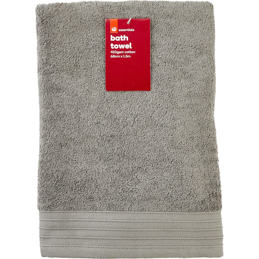 Soft, absorbent Essentials Bath Towel in white or charcoal, 100% cotton, 68cm x 130cm, 450gsm for luxurious comfort.