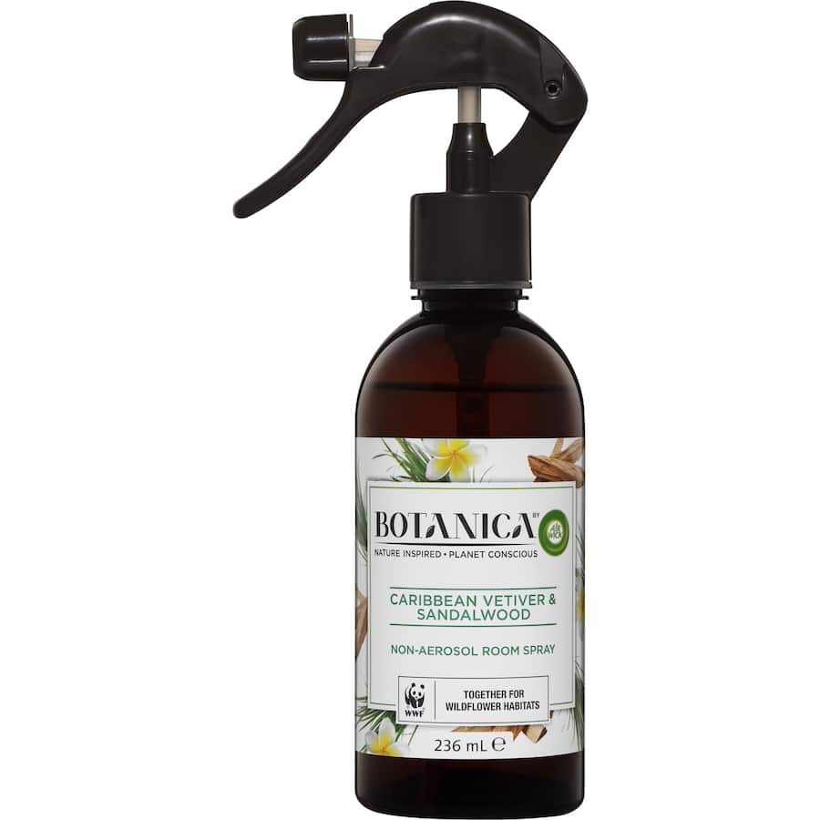 Air Wick Botanica air freshener spray featuring Caribbean vetiver and sandalwood for a refreshing, eco-friendly home ambiance.