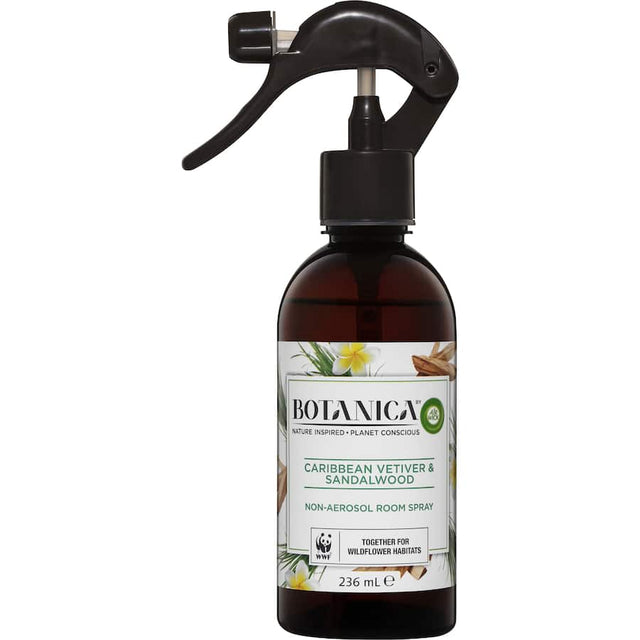 Air Wick Botanica air freshener spray featuring Caribbean vetiver and sandalwood for a refreshing, eco-friendly home ambiance.