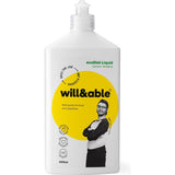 Eco-friendly dishwashing liquid in recycled packaging, tough on grease, gentle on skin, with a fresh lemon scent.