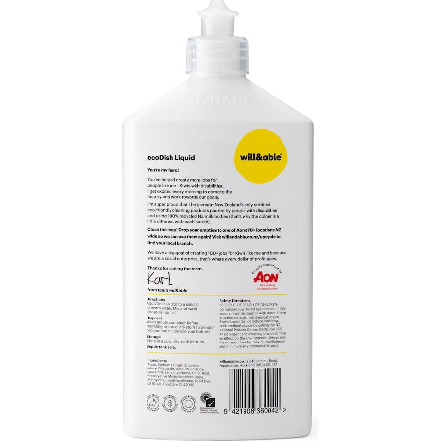 Eco-friendly Will & Able Dishwash Liquid in a recycled bottle, tough on grease with a fresh lemon scent, supports Kiwis with disabilities.