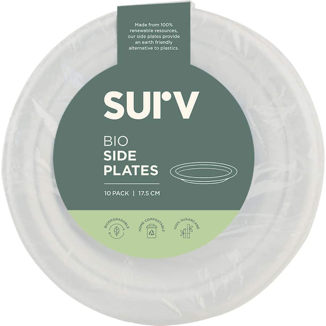 Eco-friendly biodegradable side plates, 17.5cm, made from sugarcane, compostable, strong, microwavable, in recyclable packaging.