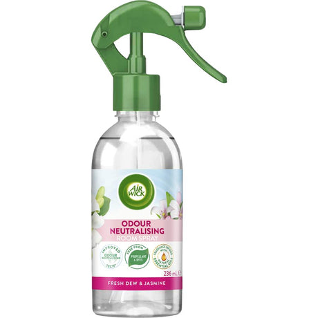 Air Wick Odour Neutralising Spray with Fresh Dew & Jasmine, an essential oil-infused air freshener for a fragrant home.