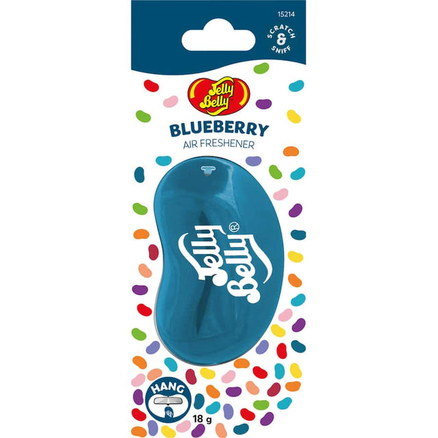 Eye-catching 3D Jelly Belly car freshener in blueberry scent, designed to eliminate odors and enhance your driving experience.