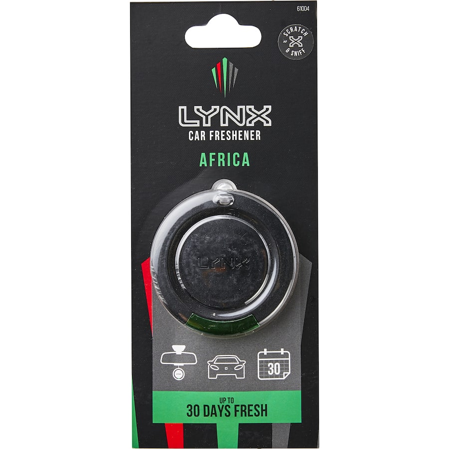 Lynx Car Freshener 3D Hanging Africa, sleek black design, evokes African savanna scent for car, home, or office use.