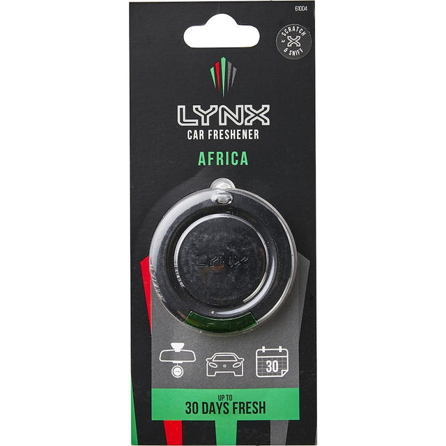 Lynx Car Freshener 3D Hanging Africa, sleek black design, evokes African savanna scent for car, home, or office use.